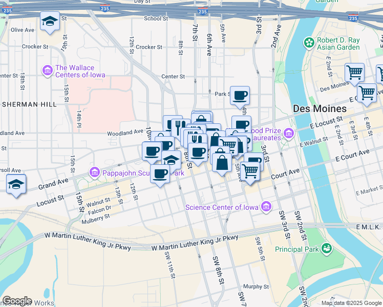 map of restaurants, bars, coffee shops, grocery stores, and more near 701 Grand Avenue in Des Moines