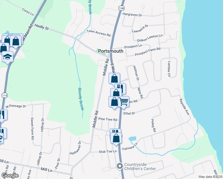 map of restaurants, bars, coffee shops, grocery stores, and more near 2072 East Main Road in Portsmouth