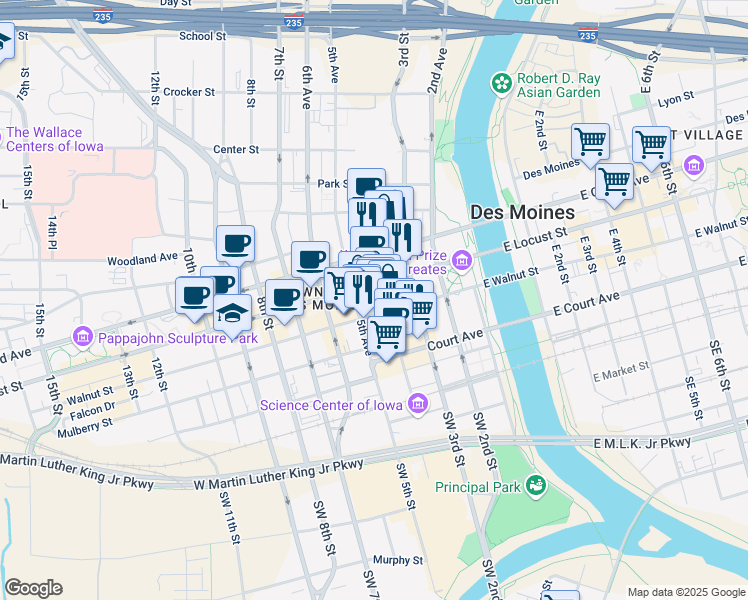 map of restaurants, bars, coffee shops, grocery stores, and more near 400 Locust Street in Des Moines