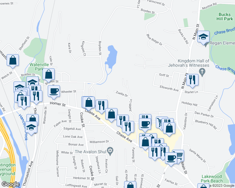 map of restaurants, bars, coffee shops, grocery stores, and more near 79 Zuella Drive in Waterbury