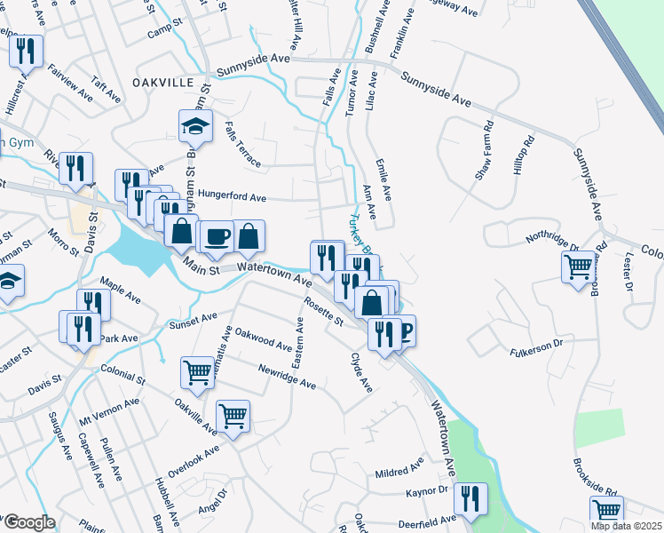 map of restaurants, bars, coffee shops, grocery stores, and more near 18 Falls Avenue in Watertown