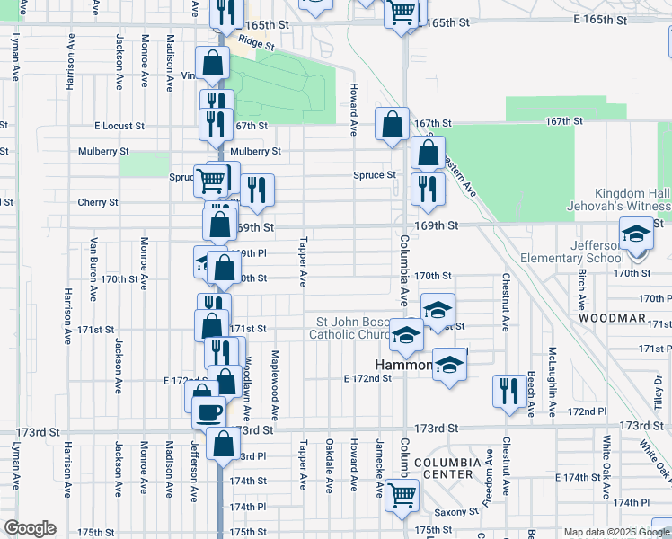 map of restaurants, bars, coffee shops, grocery stores, and more near 1023 169th Place in Hammond