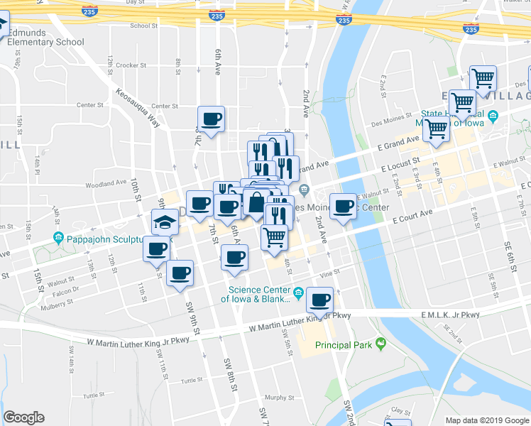 map of restaurants, bars, coffee shops, grocery stores, and more near 401 Locust Street in Des Moines
