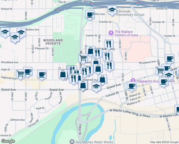 map of restaurants, bars, coffee shops, grocery stores, and more near 1925 High Street in Des Moines