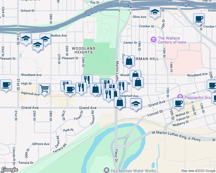 map of restaurants, bars, coffee shops, grocery stores, and more near 2139 High Street in Des Moines