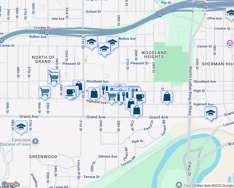 map of restaurants, bars, coffee shops, grocery stores, and more near 2715 High Street in Des Moines