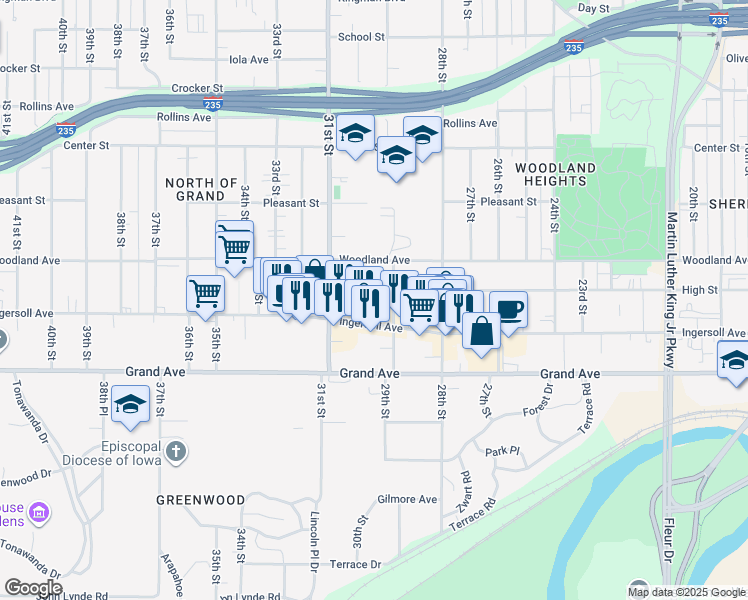 map of restaurants, bars, coffee shops, grocery stores, and more near 612 29th Street in Des Moines