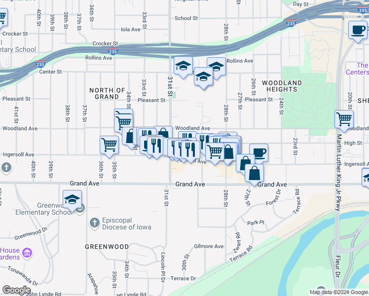 map of restaurants, bars, coffee shops, grocery stores, and more near 3015 High Street in Des Moines