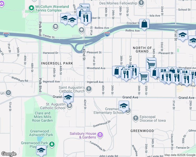 map of restaurants, bars, coffee shops, grocery stores, and more near 621 41st Street in Des Moines