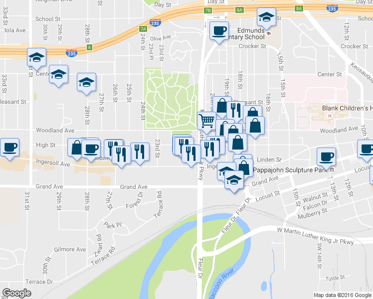 map of restaurants, bars, coffee shops, grocery stores, and more near 2139 High Street in Des Moines