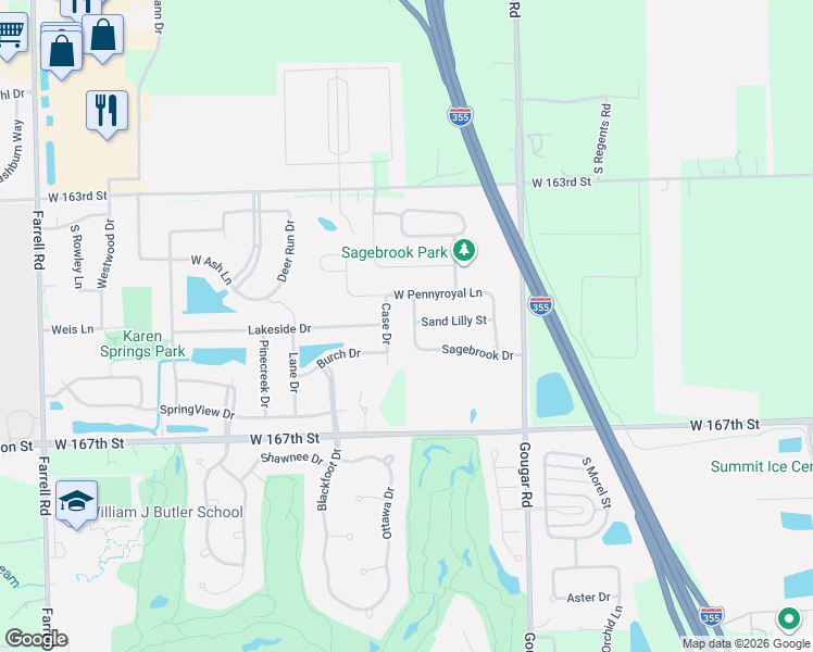 map of restaurants, bars, coffee shops, grocery stores, and more near 16145 West Pennyroyal Lane in Lockport