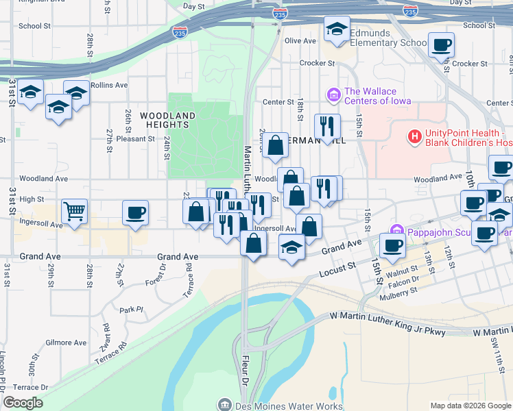 map of restaurants, bars, coffee shops, grocery stores, and more near 2000 High Street in Des Moines