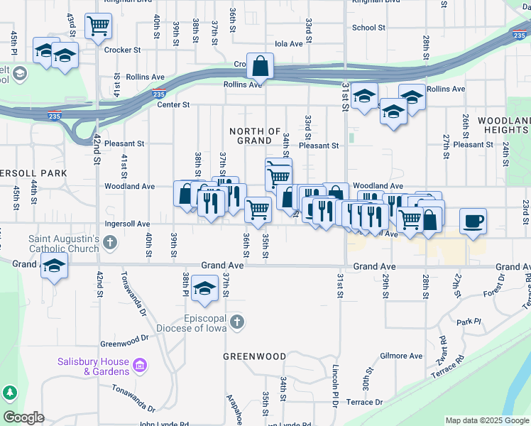 map of restaurants, bars, coffee shops, grocery stores, and more near 35th Street in Des Moines