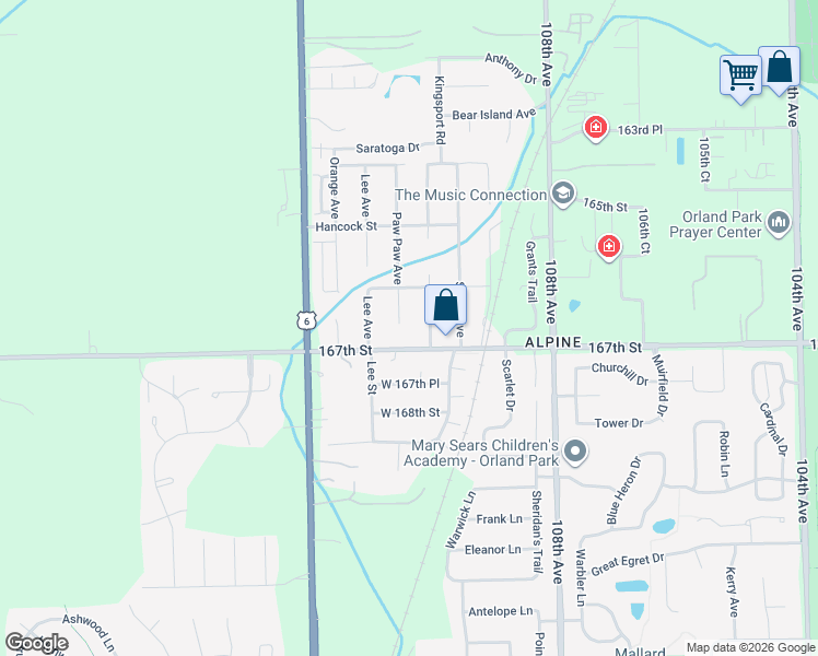 map of restaurants, bars, coffee shops, grocery stores, and more near 16628 Grant Avenue in Orland Park