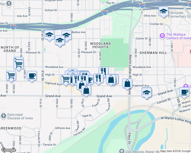 map of restaurants, bars, coffee shops, grocery stores, and more near 2501 High Street in Des Moines