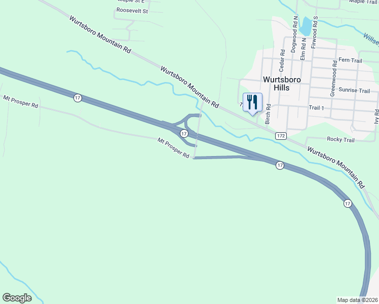 map of restaurants, bars, coffee shops, grocery stores, and more near 10 County Road 166 in Wurtsboro