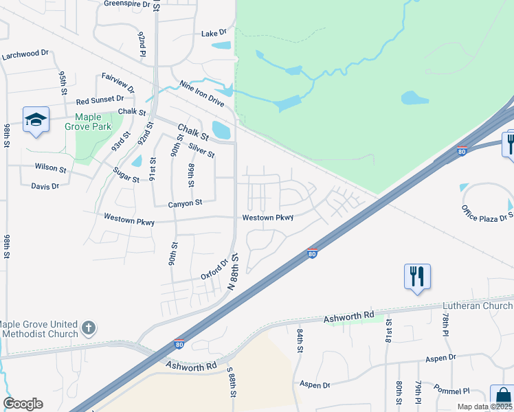 map of restaurants, bars, coffee shops, grocery stores, and more near 8601 Westown Pkwy in West Des Moines