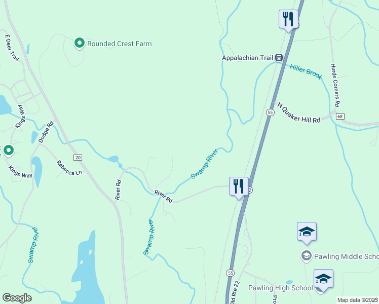 map of restaurants, bars, coffee shops, grocery stores, and more near 63 River Road in Pawling
