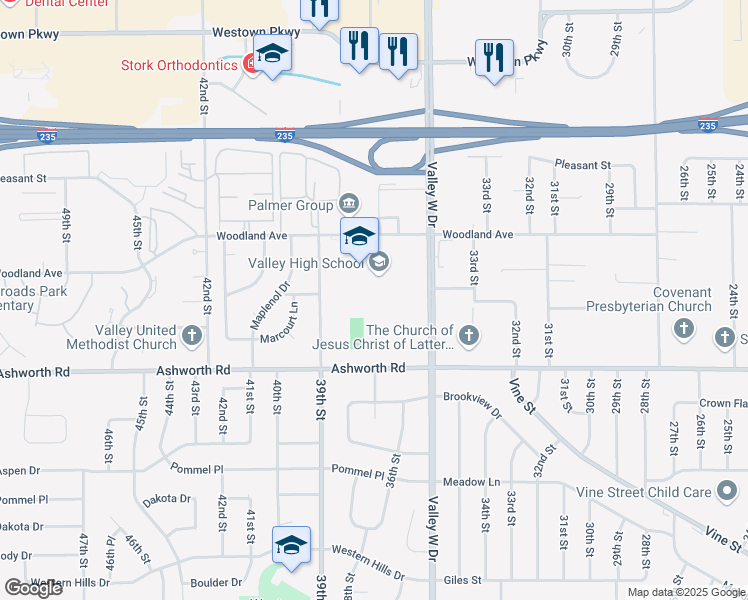 map of restaurants, bars, coffee shops, grocery stores, and more near 3650 Woodland Avenue in West Des Moines