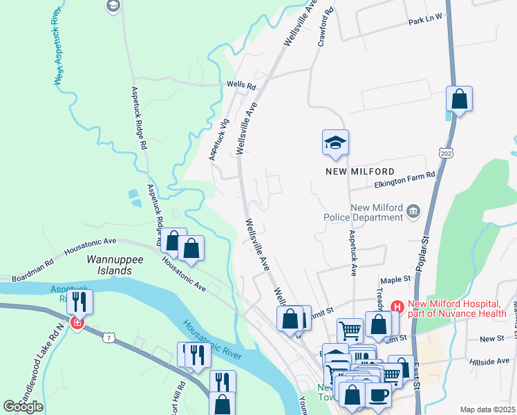 map of restaurants, bars, coffee shops, grocery stores, and more near 25 Canterbury Arms in New Milford