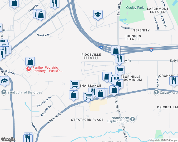 map of restaurants, bars, coffee shops, grocery stores, and more near 27500 Bishop Park Drive in Willoughby Hills