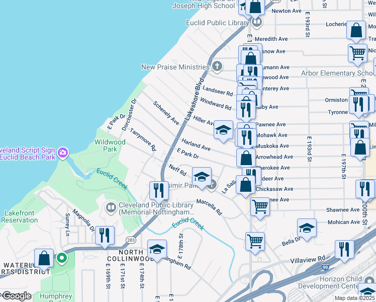 map of restaurants, bars, coffee shops, grocery stores, and more near 17825 Harland Avenue in Cleveland