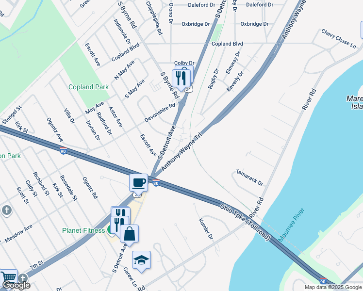 map of restaurants, bars, coffee shops, grocery stores, and more near 4621 South Detroit Avenue in Toledo