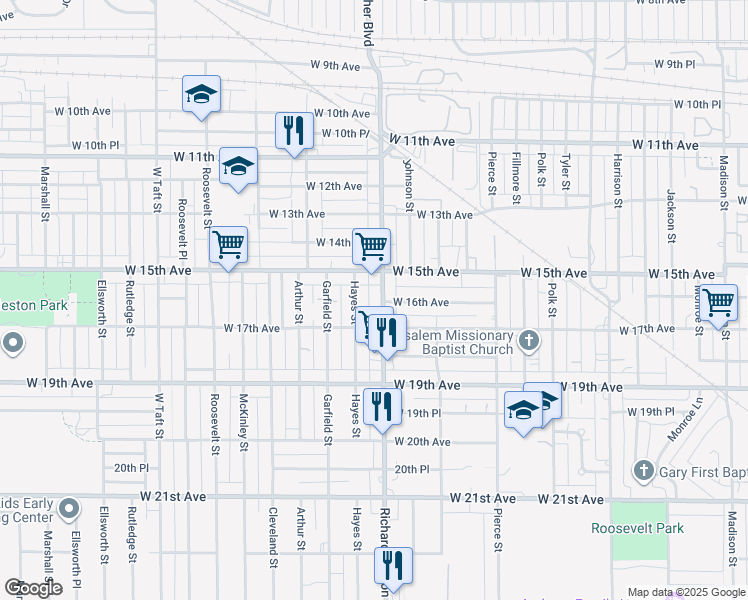 map of restaurants, bars, coffee shops, grocery stores, and more near 1623 West 15th Avenue in Gary