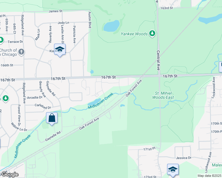map of restaurants, bars, coffee shops, grocery stores, and more near 16718 Gentry Lane in Tinley Park