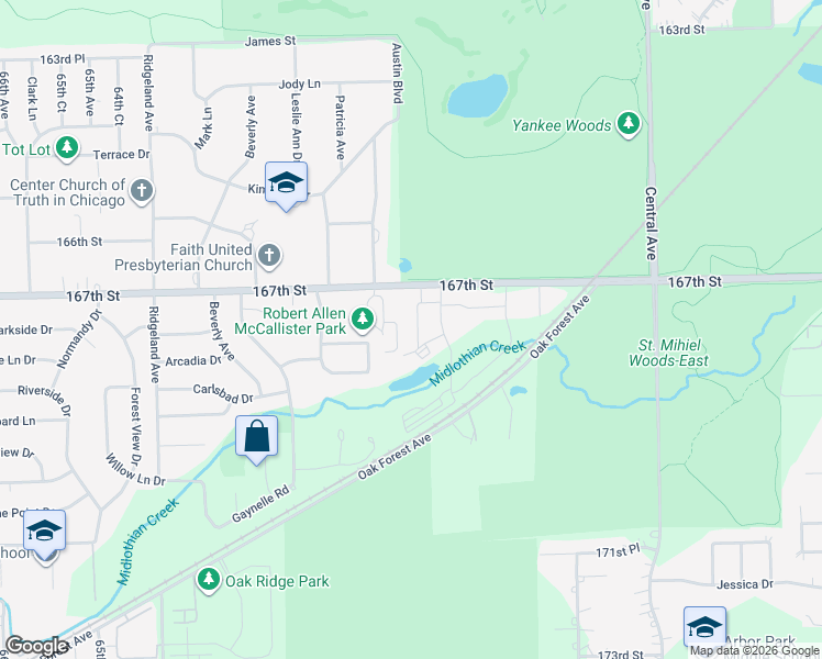 map of restaurants, bars, coffee shops, grocery stores, and more near 16714 Hillside Place in Tinley Park