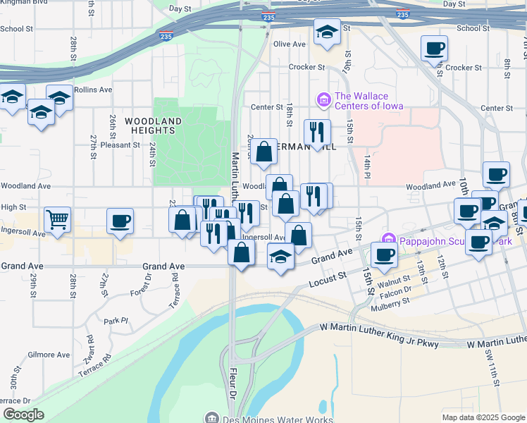 map of restaurants, bars, coffee shops, grocery stores, and more near 1925 High Street in Des Moines