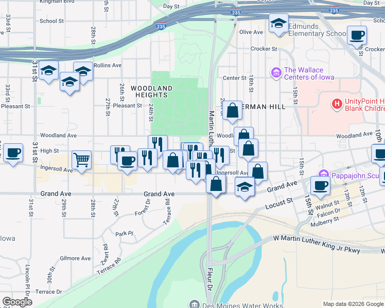 map of restaurants, bars, coffee shops, grocery stores, and more near 2139 High Street in Des Moines