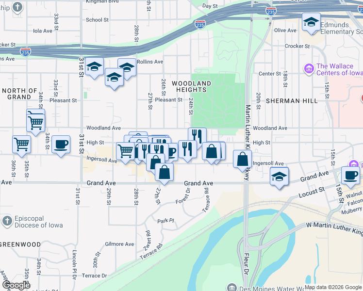 map of restaurants, bars, coffee shops, grocery stores, and more near 2501 High Street in Des Moines