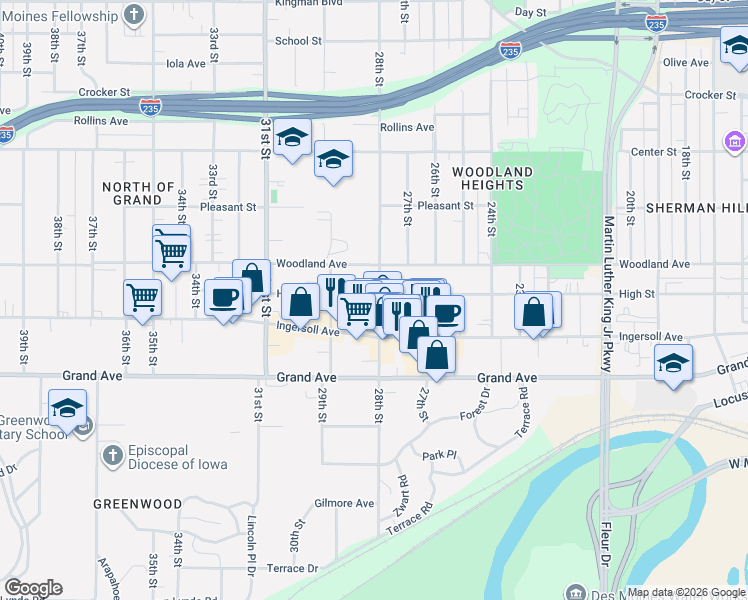 map of restaurants, bars, coffee shops, grocery stores, and more near 2715 High Street in Des Moines