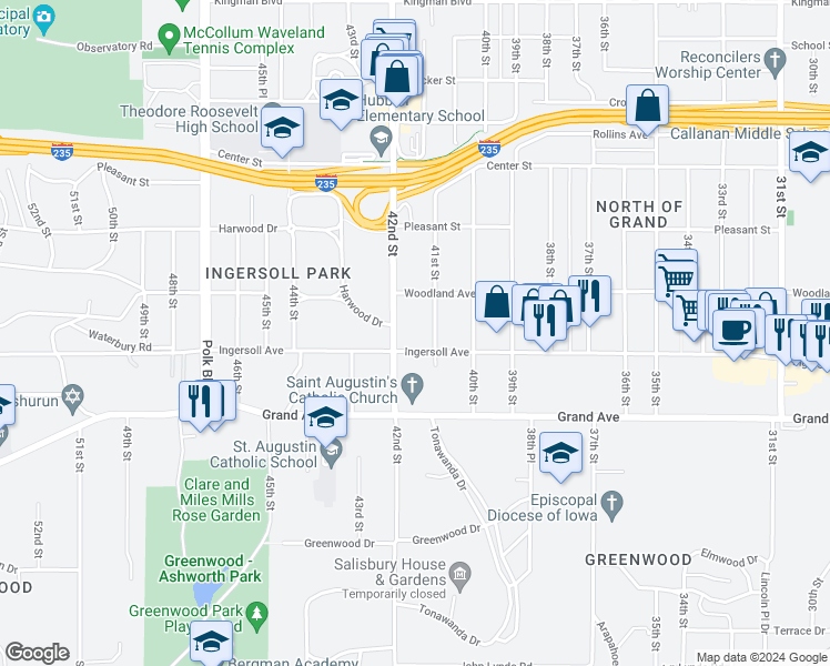 map of restaurants, bars, coffee shops, grocery stores, and more near 630 41st Street in Des Moines
