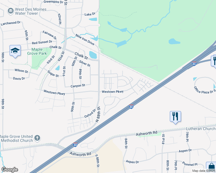 map of restaurants, bars, coffee shops, grocery stores, and more near 8601 Westown Pkwy in West Des Moines
