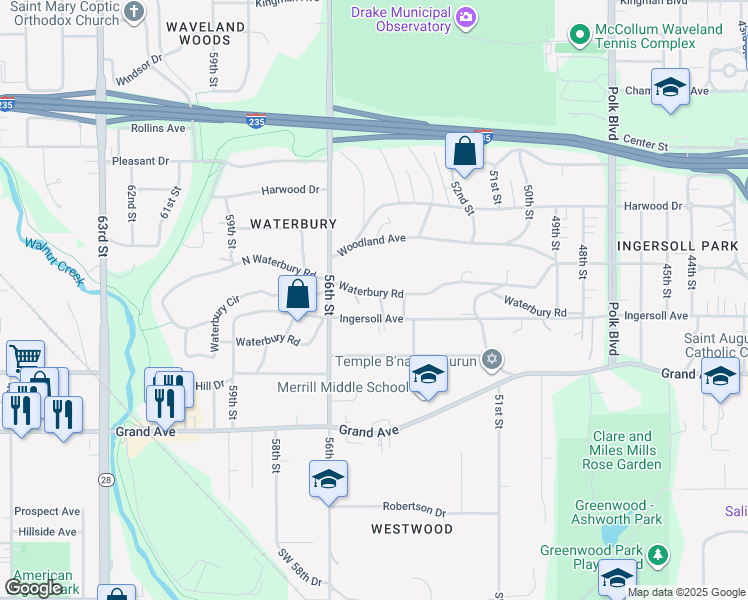 map of restaurants, bars, coffee shops, grocery stores, and more near 5335 Waterbury Road in Des Moines