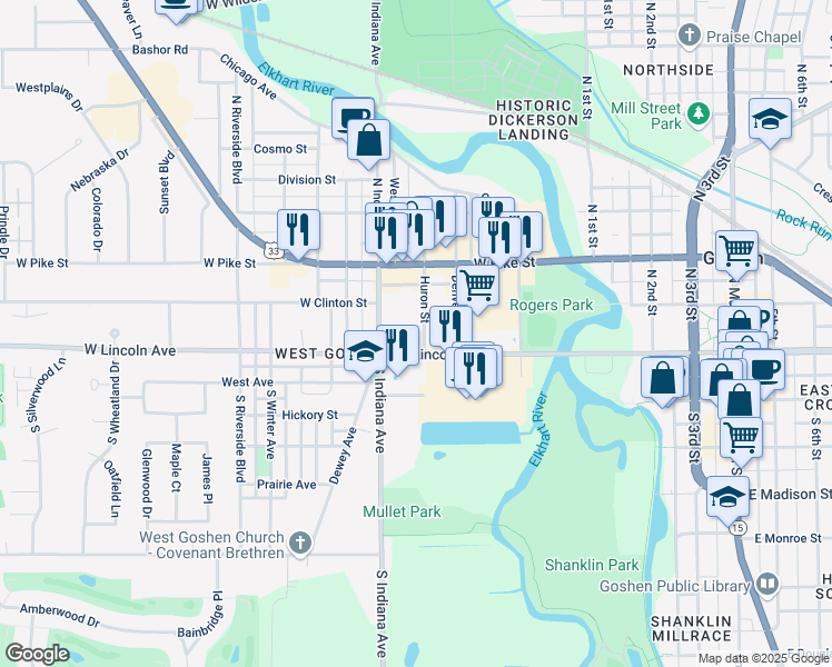 map of restaurants, bars, coffee shops, grocery stores, and more near 193-299 Huron St in Goshen