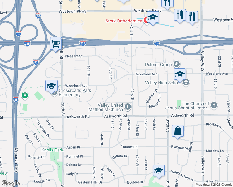 map of restaurants, bars, coffee shops, grocery stores, and more near 1109 Woodland Park Drive in West Des Moines