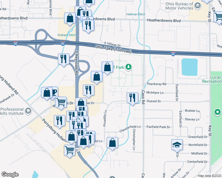map of restaurants, bars, coffee shops, grocery stores, and more near 328 Wrexham Lane in Maumee