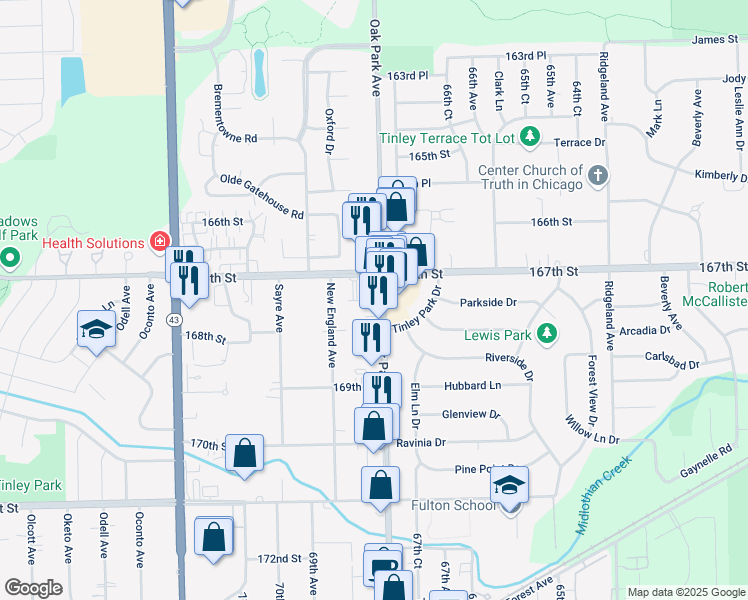 map of restaurants, bars, coffee shops, grocery stores, and more near 16703 Oak Park Avenue in Tinley Park