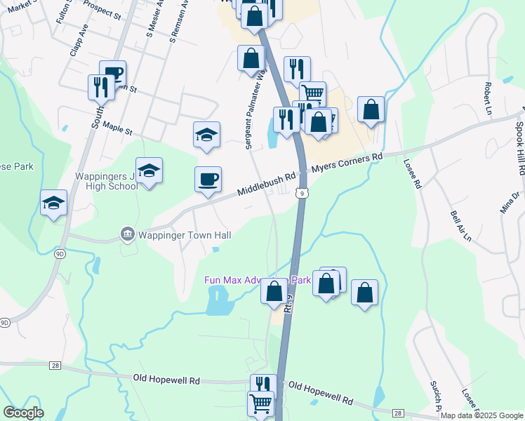 map of restaurants, bars, coffee shops, grocery stores, and more near 711 Old Route 9 North in Wappingers Falls