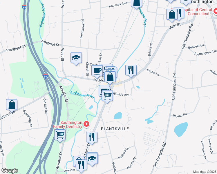 map of restaurants, bars, coffee shops, grocery stores, and more near 19 West Main Street in Southington
