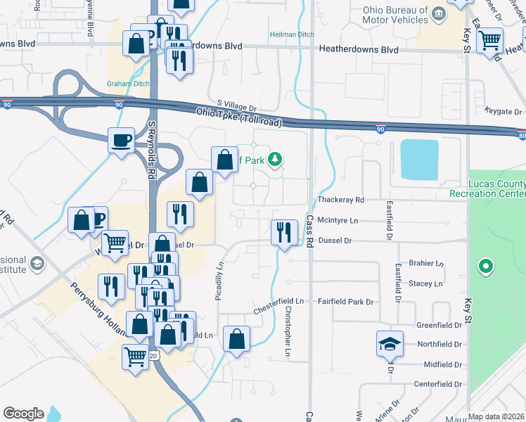 map of restaurants, bars, coffee shops, grocery stores, and more near 357 Wrexham Lane in Maumee