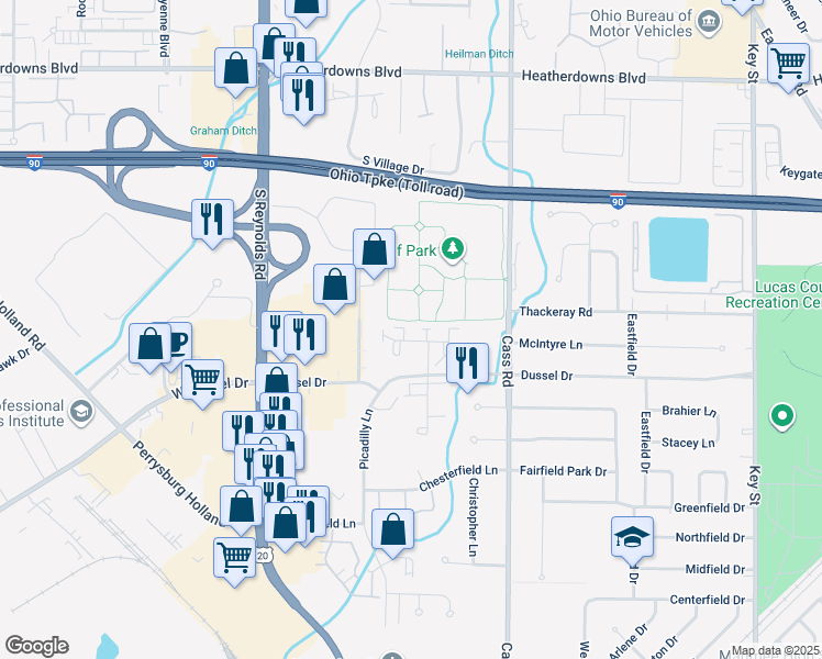 map of restaurants, bars, coffee shops, grocery stores, and more near 328 Wrexham Lane in Maumee