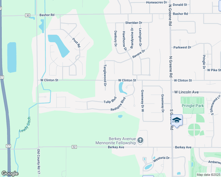 map of restaurants, bars, coffee shops, grocery stores, and more near 2414 West Clinton Street in Goshen
