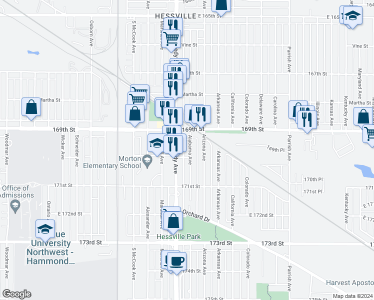 map of restaurants, bars, coffee shops, grocery stores, and more near 6924 Alabama Ave in Hammond