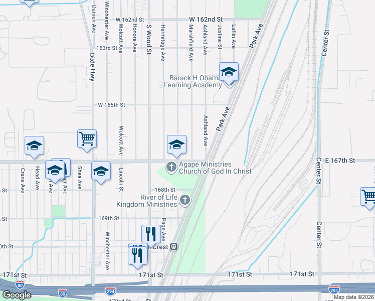 map of restaurants, bars, coffee shops, grocery stores, and more near 16623 Marshfield Avenue in Markham