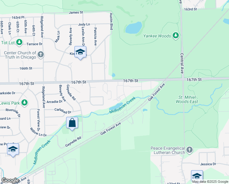 map of restaurants, bars, coffee shops, grocery stores, and more near 16714 Hillside Place in Tinley Park