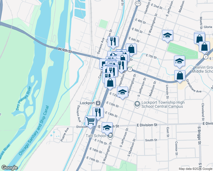 map of restaurants, bars, coffee shops, grocery stores, and more near 1101 South State Street in Lockport